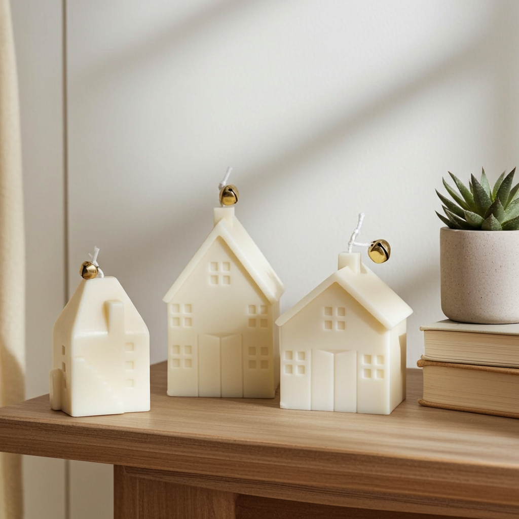 Three ivory Christmas village candles styled on a shelf beside books and a plant