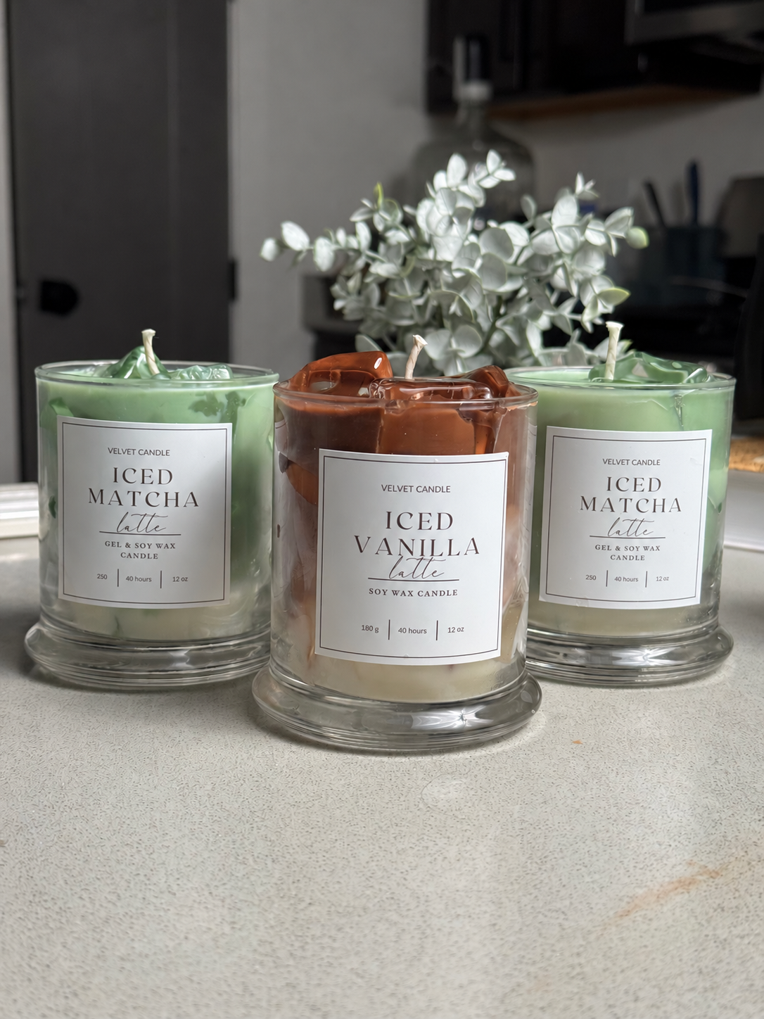 Iced Vanilla Latte Candle, 12 oz — group view; label size digitally corrected