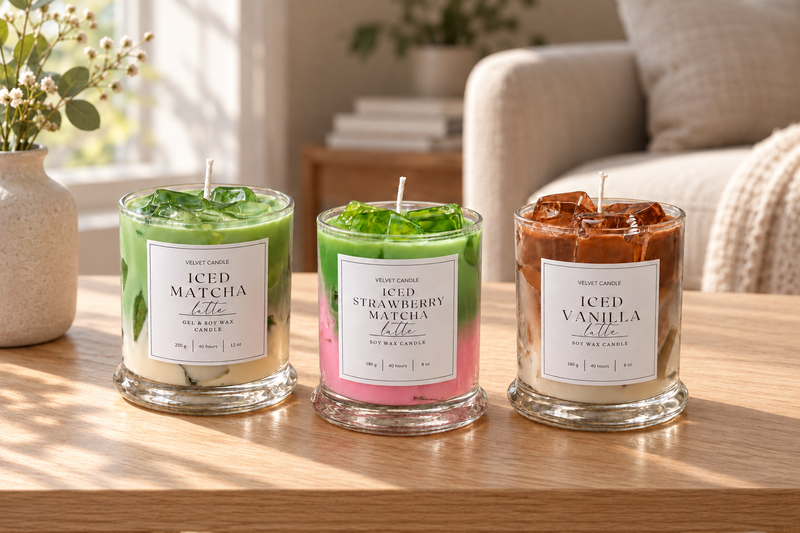Styled home scene with three different Velvet café candles: Matcha, Strawberry Matcha and Vanilla Latte