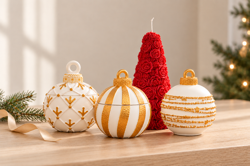 Set of three white and gold Christmas ornament candles with red Rose Christmas Tree candle, styled with subtle evergreen and champagne ribbon