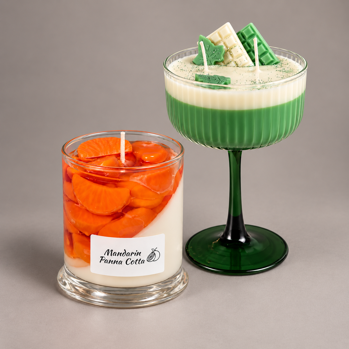 Mandarin panna cotta and matcha cocktail candles from Velvet Candle Company