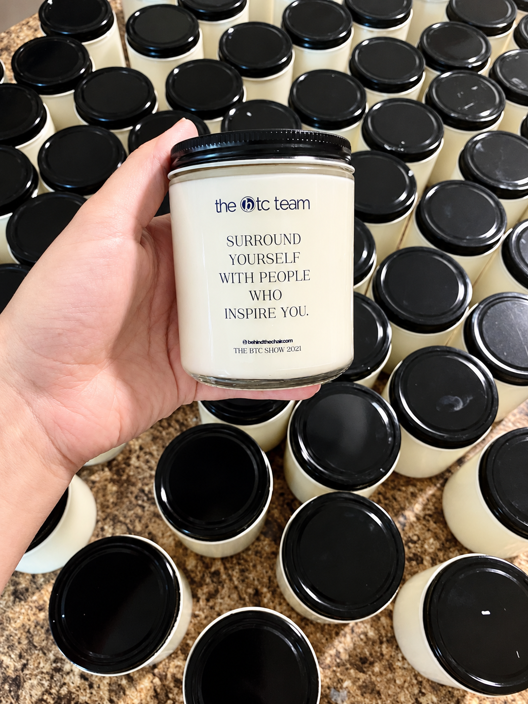 Example 2 of previous custom candle production and labels; jar size and color may differ from this 4 fl oz product