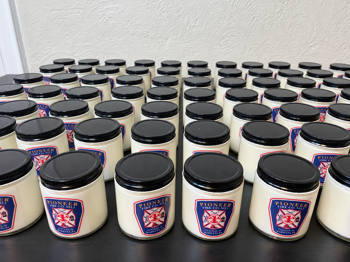 Example 1 of previous custom candle production and labels; jar size and color may differ from this 4 fl oz product