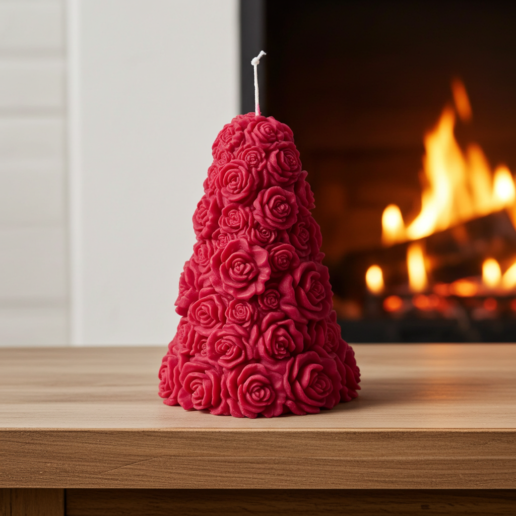 Red rose-covered Christmas tree candle displayed beside a fireplace
