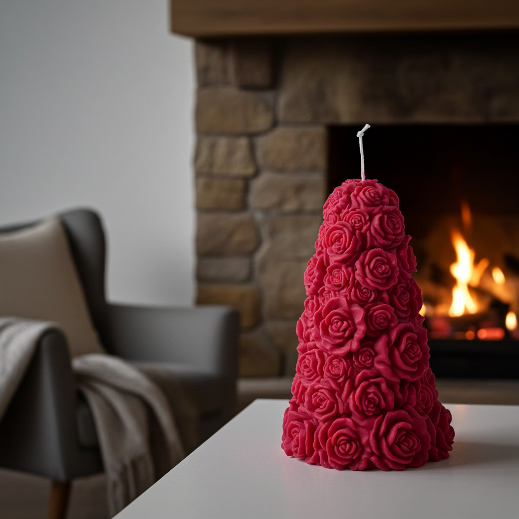 Red rose-covered Christmas tree candle displayed beside a fireplace