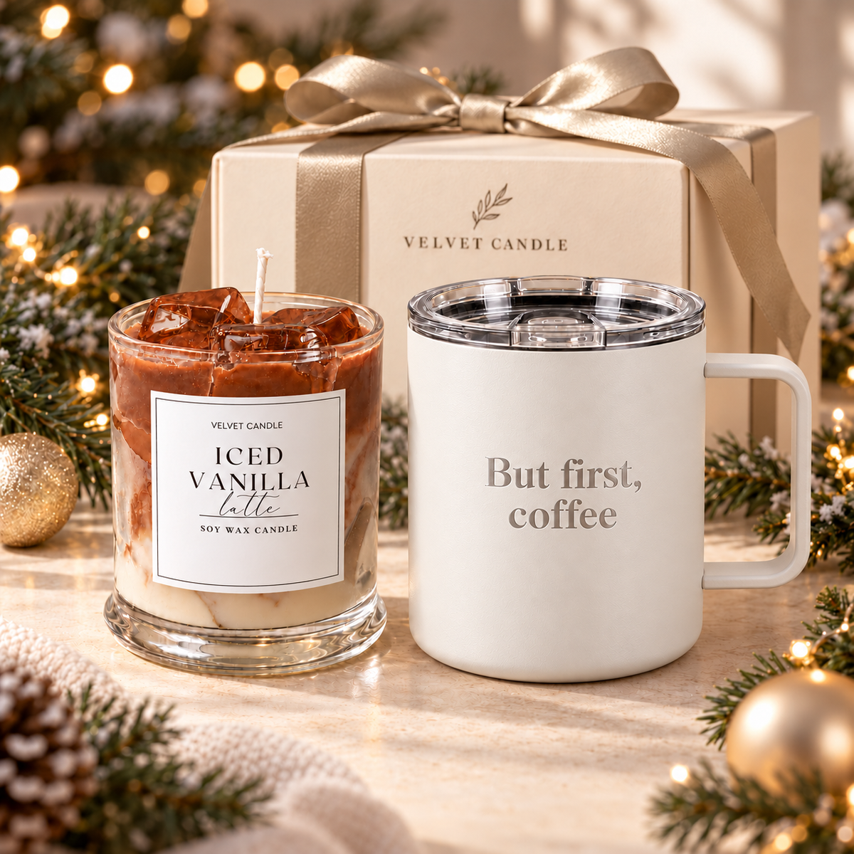 Iced vanilla coffee candle and cream mug holiday gift set