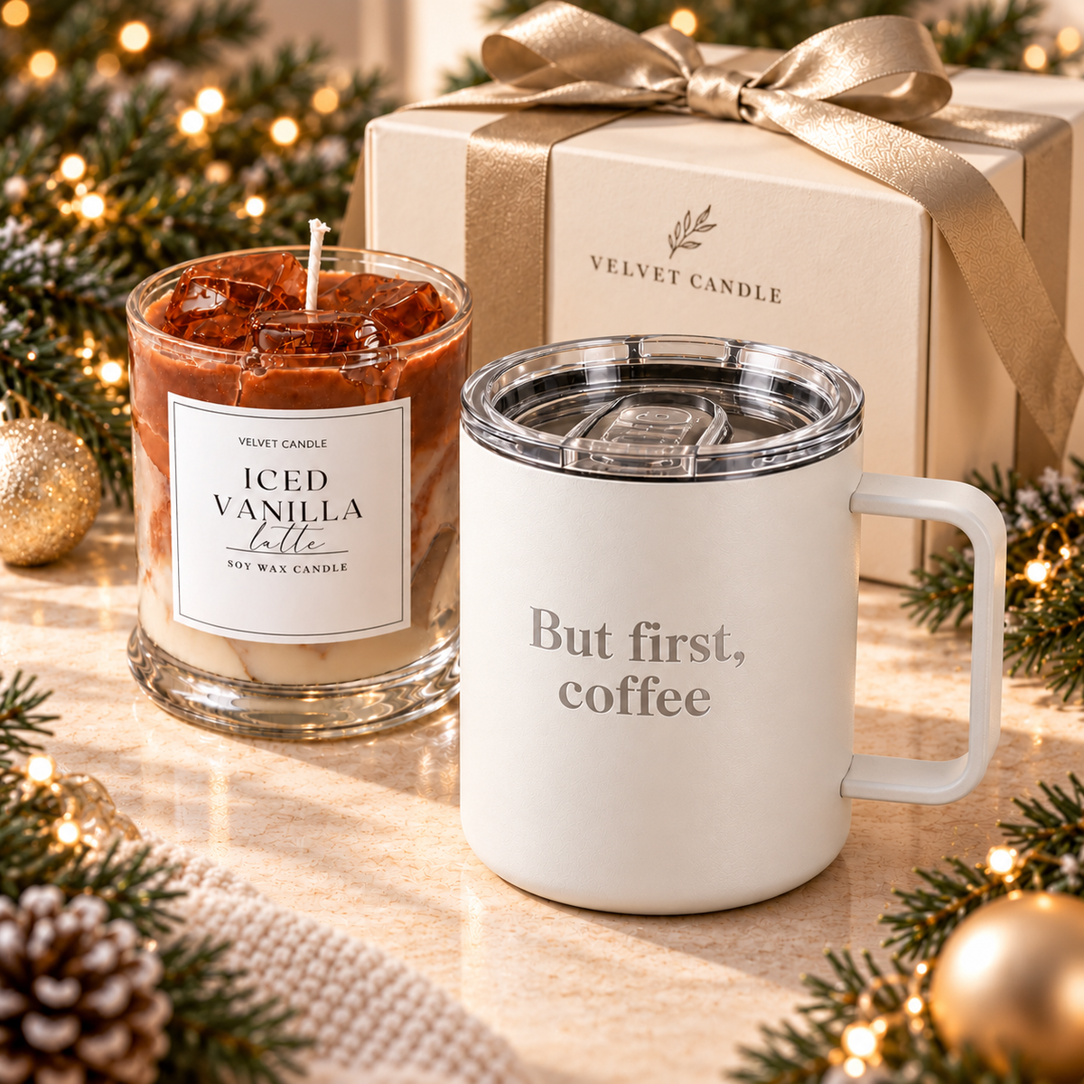 Iced vanilla coffee candle and cream mug holiday gift set