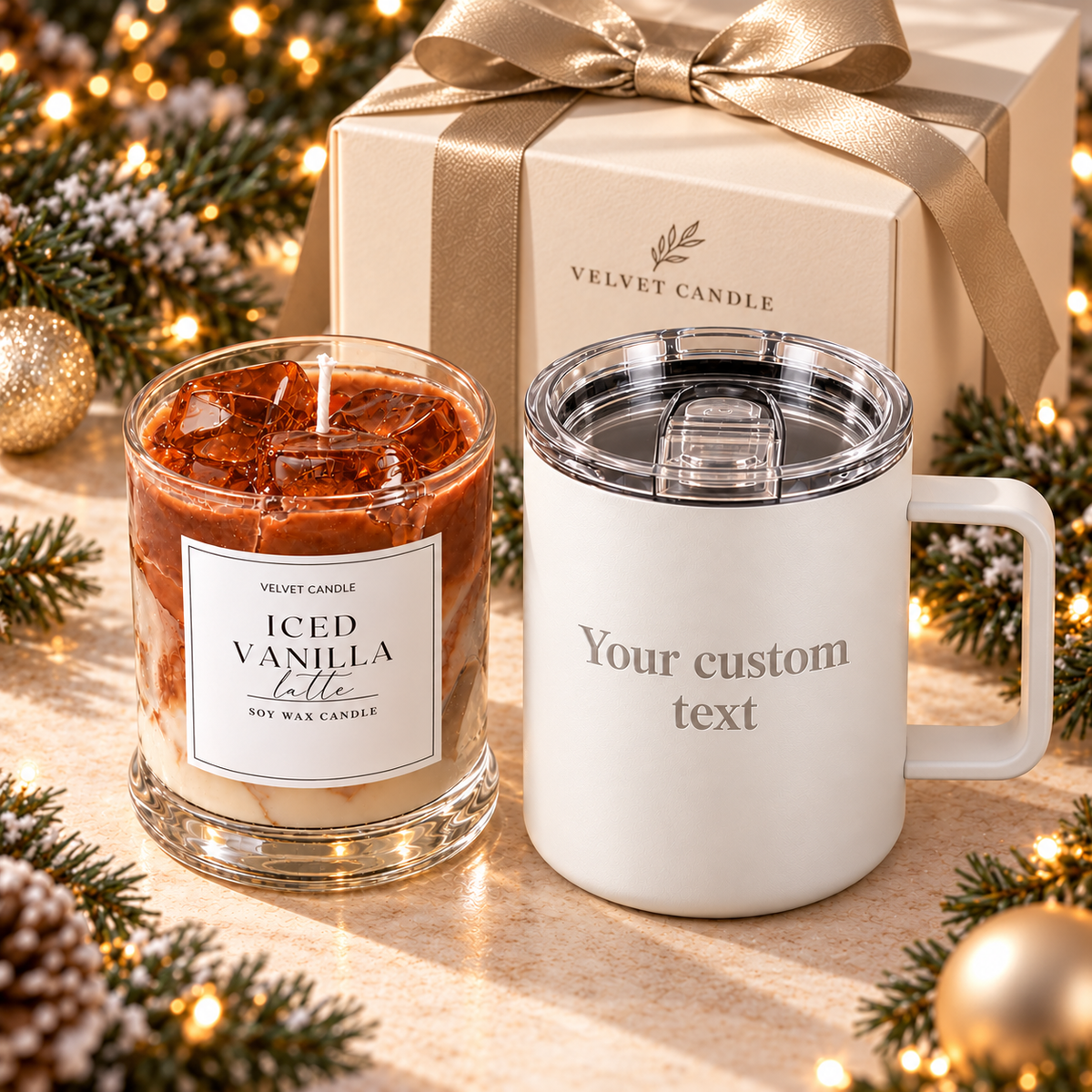 Iced vanilla coffee candle and cream mug custom text personalization preview