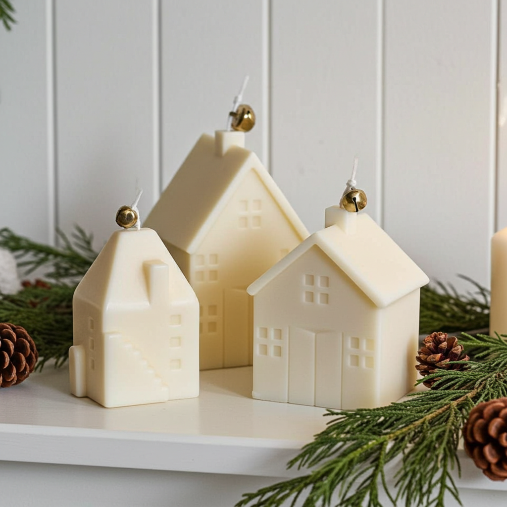 Three ivory Christmas village house candles styled with evergreen branches