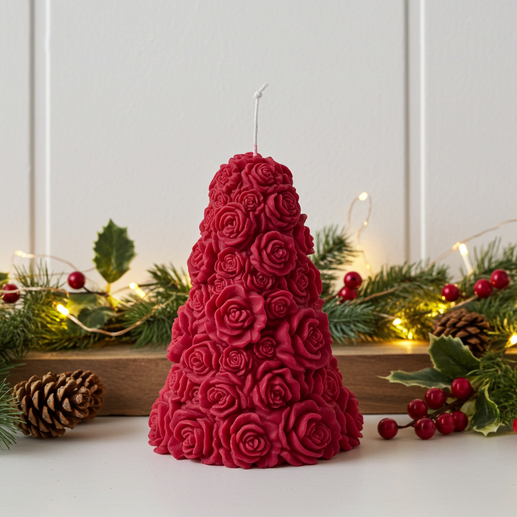Red rose-covered Christmas tree candle styled with evergreen branches and ornaments