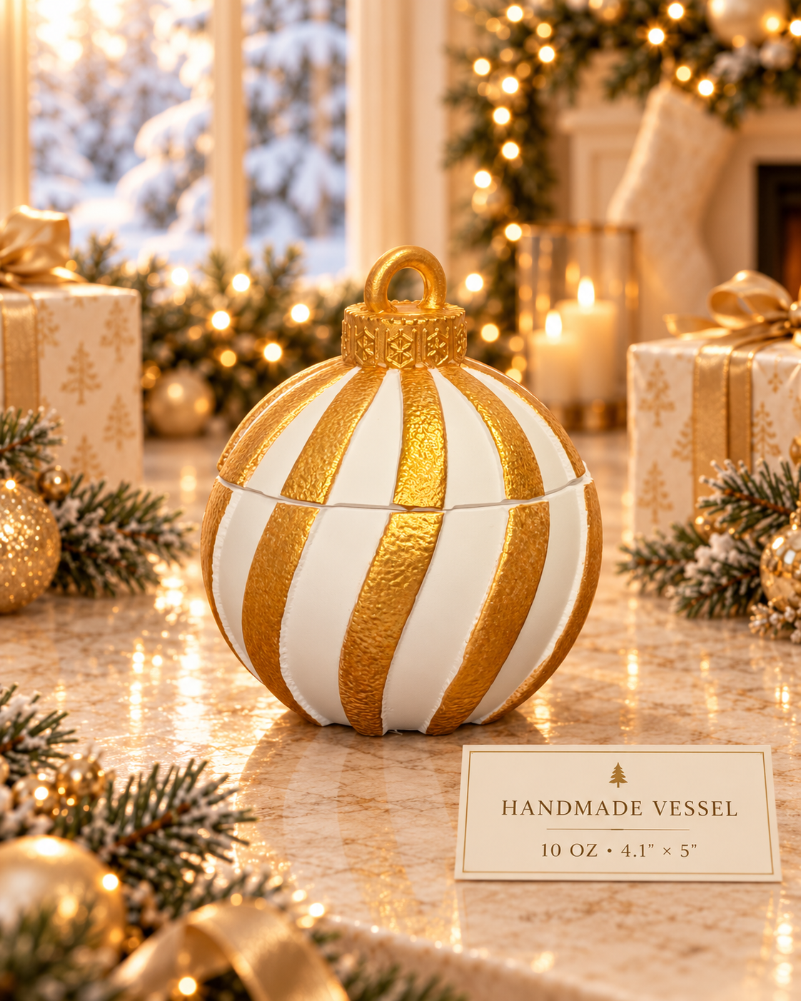 White and gold striped ornament candle handmade vessel