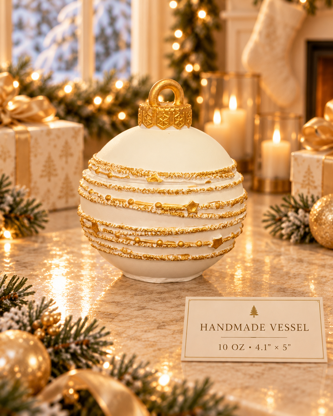 White and gold star garland ornament candle handmade vessel