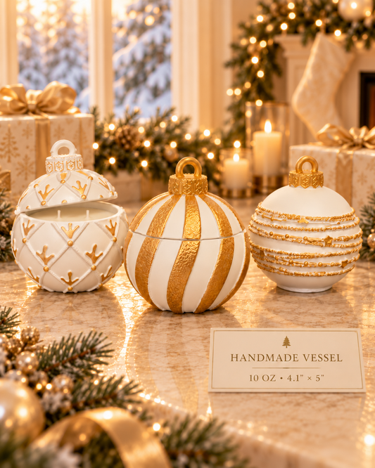 Set of three white and gold handmade Christmas ornament candles