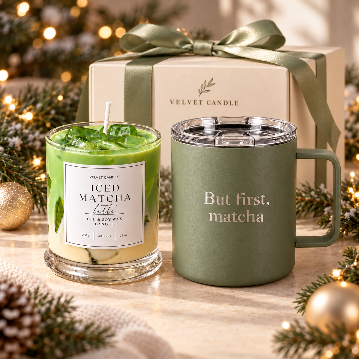 Iced Matcha candle and sage But first matcha mug holiday gift set