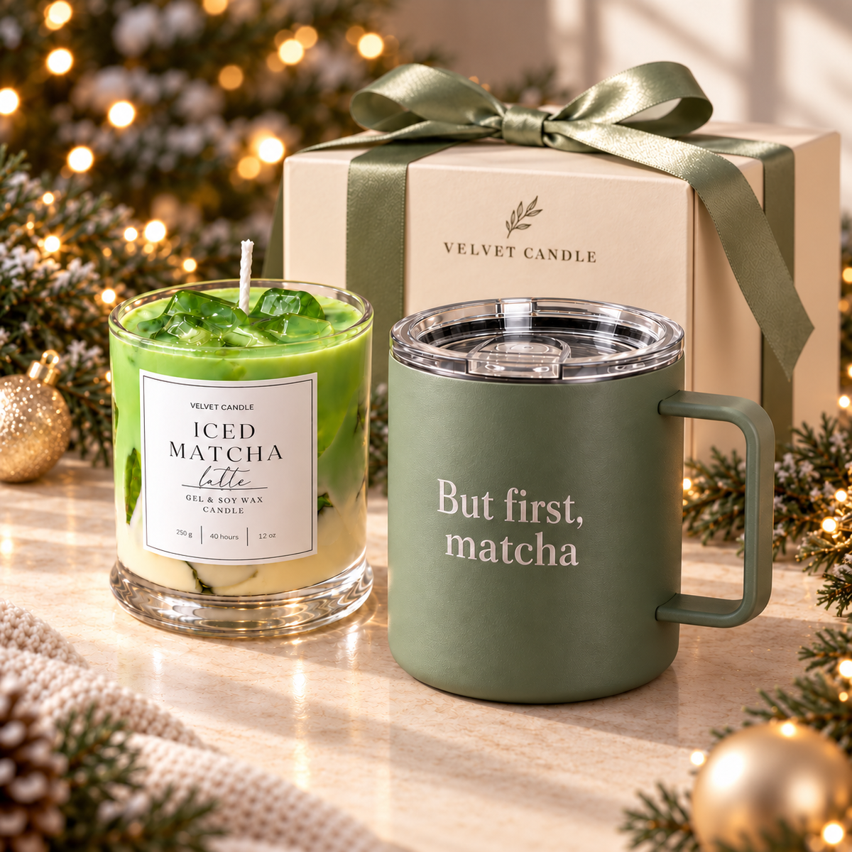 Iced Matcha candle and sage But first matcha mug holiday gift set