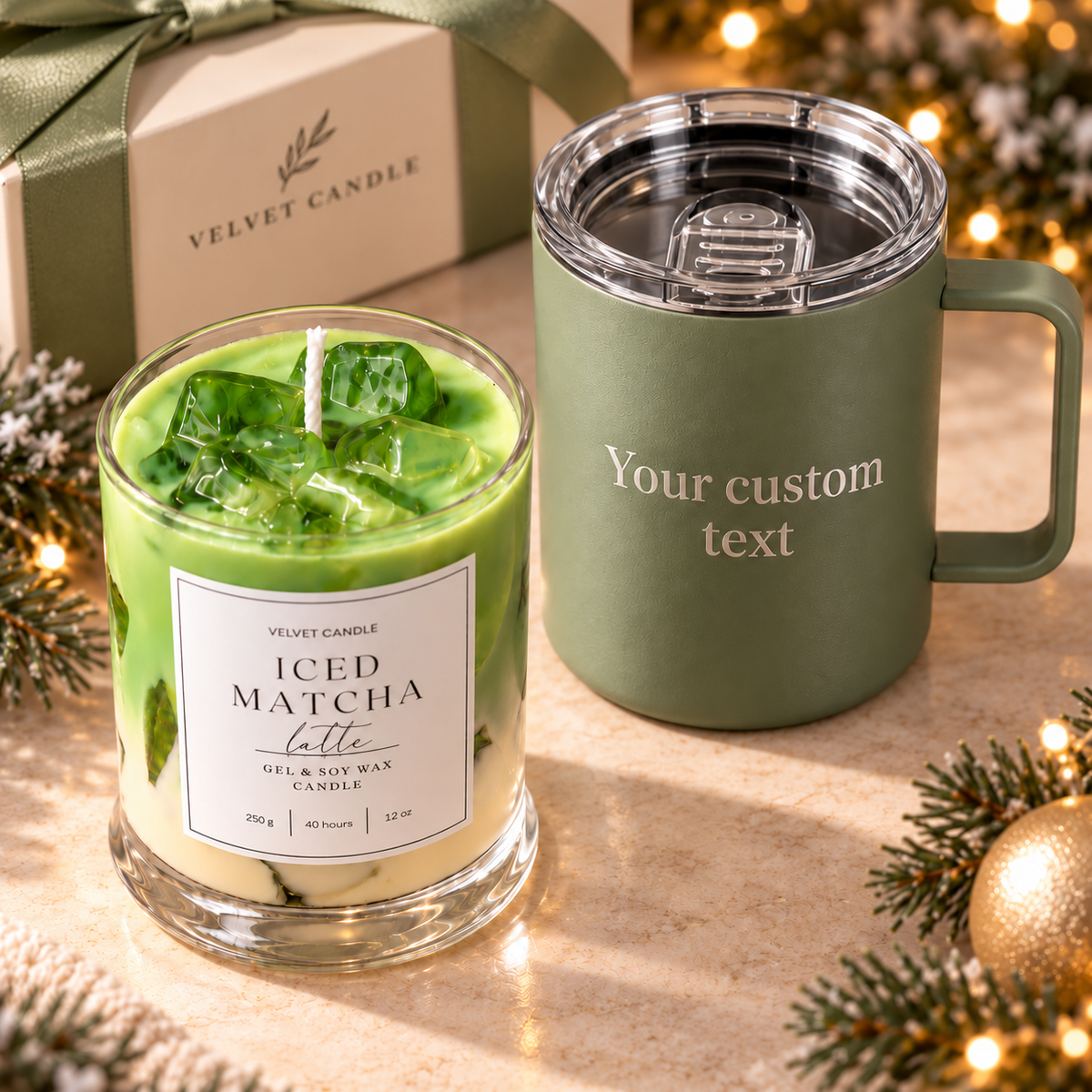 Iced Matcha candle and sage mug with Your custom text personalization preview