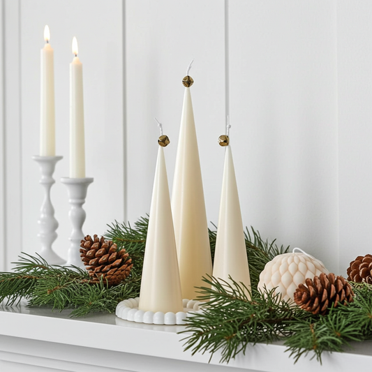 Three ivory cone Christmas candles arranged with evergreen branches on a tray