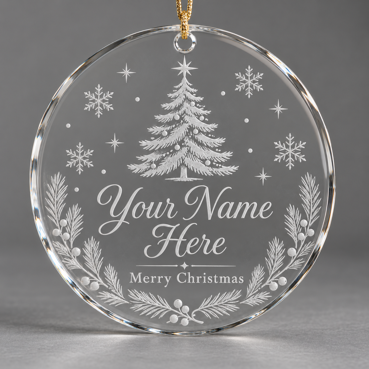 Design mockup of a round Christmas ornament with a tree, snowflakes and custom name or text