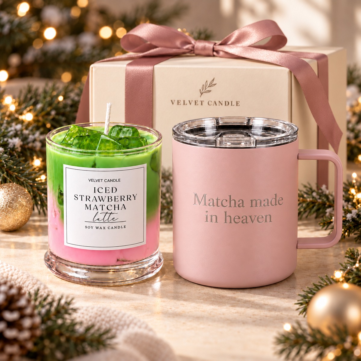Strawberry matcha candle and pink mug holiday gift set