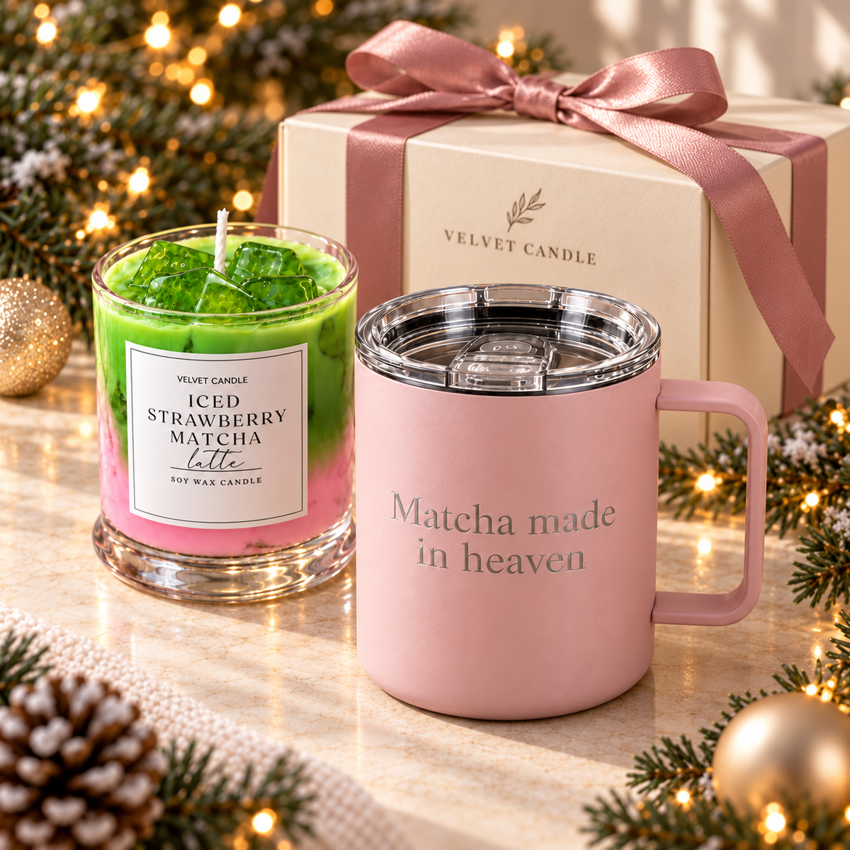 Strawberry matcha candle and pink mug holiday gift set