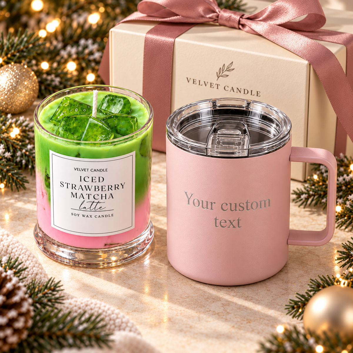 Strawberry matcha candle and pink mug custom text personalization preview