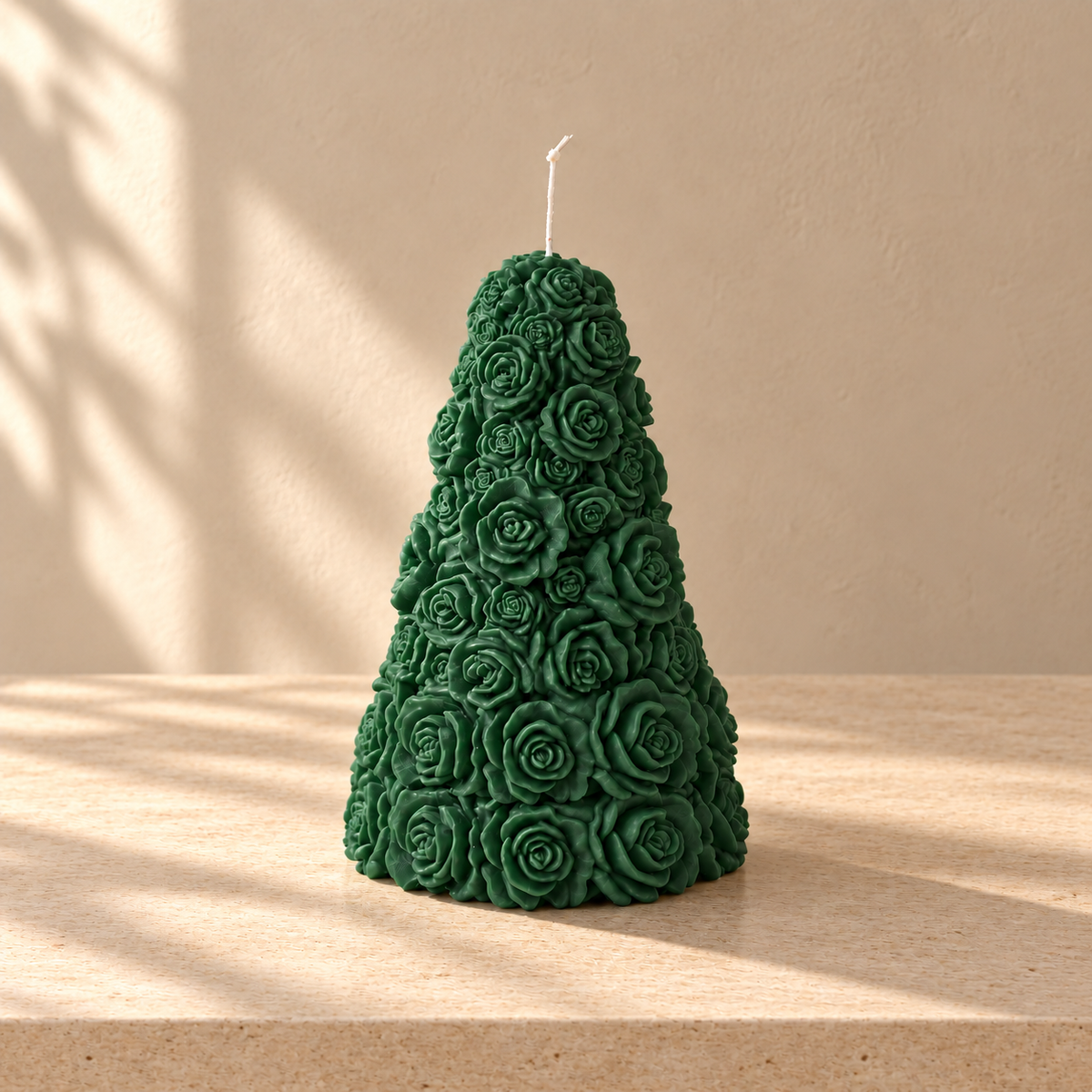 Green Rose Christmas Tree Soy Wax Candle on warm beige stone; digitally styled color preview