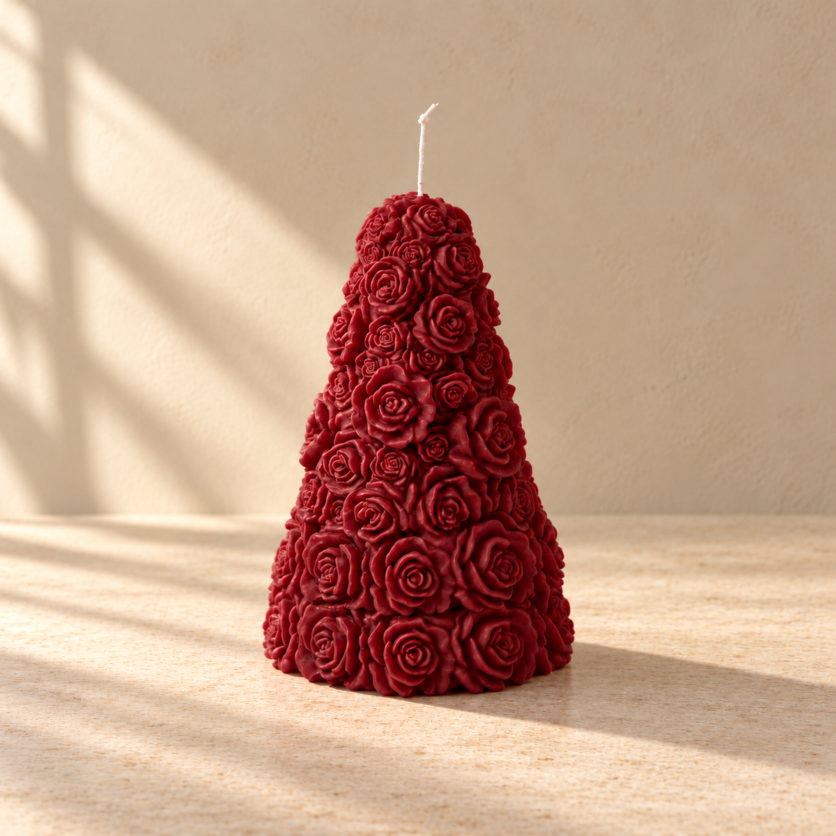 Red Rose Christmas Tree Soy Wax Candle on warm beige stone; digitally styled color preview