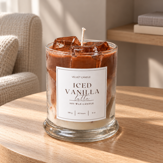 Styled home scene: Iced Vanilla Latte Candle, 9 oz on an oak table in soft window light