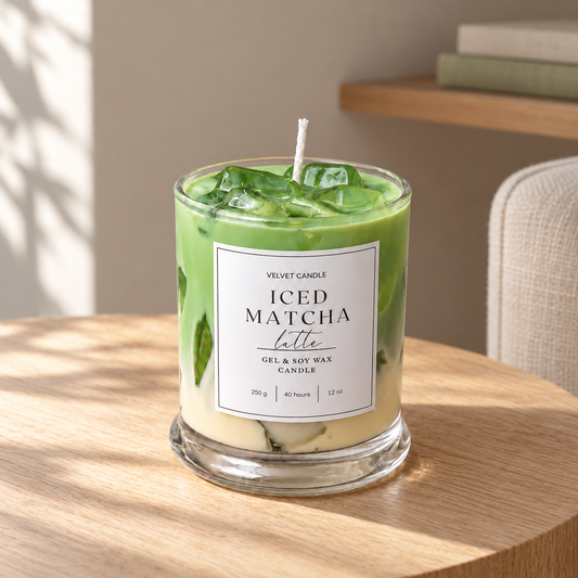 Styled home scene: Iced Matcha Latte Candle, 12 oz on an oak table in soft window light