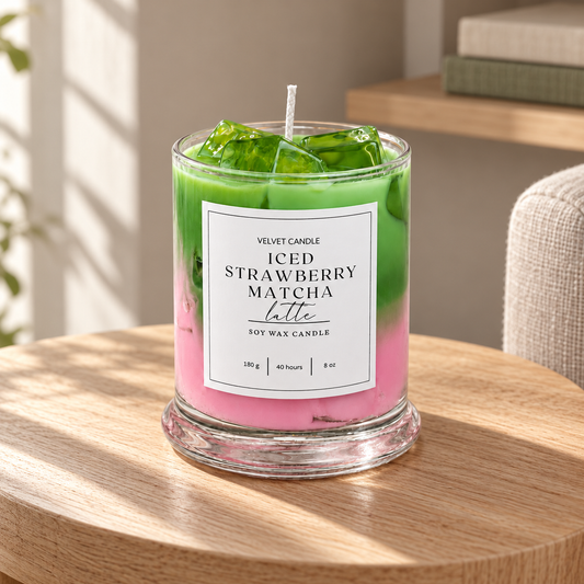 Styled home scene: Iced Strawberry Matcha Latte Candle, 12 oz on an oak table in soft window light