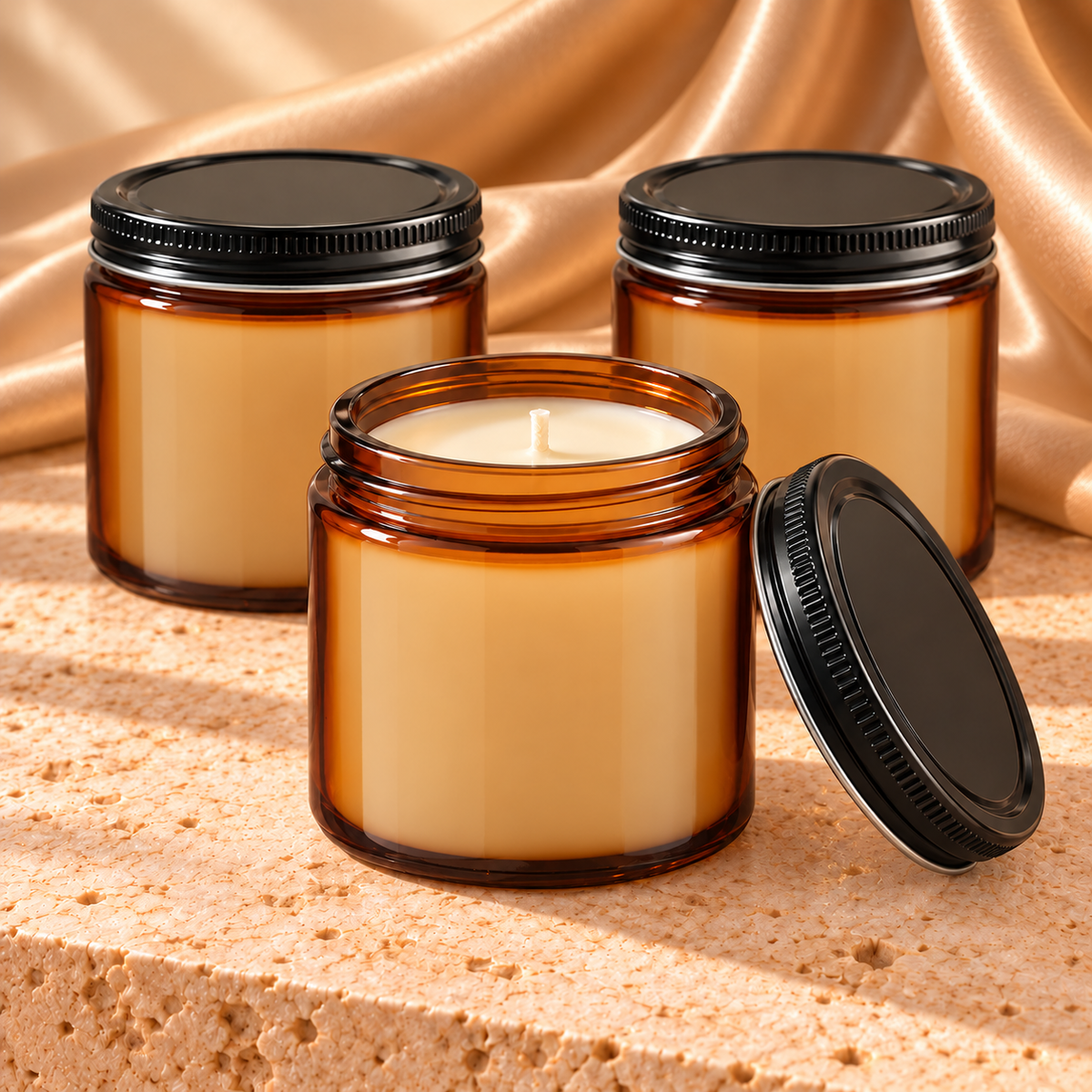 Open amber soy candle product mockup