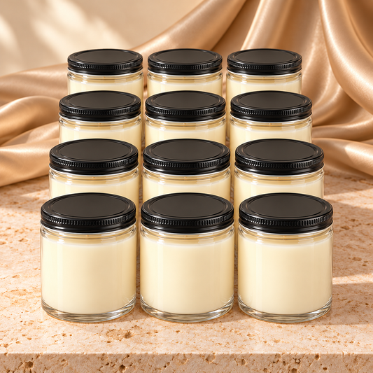 Twelve unlabeled soy candles in clear jars with ribbed black metal screw lids