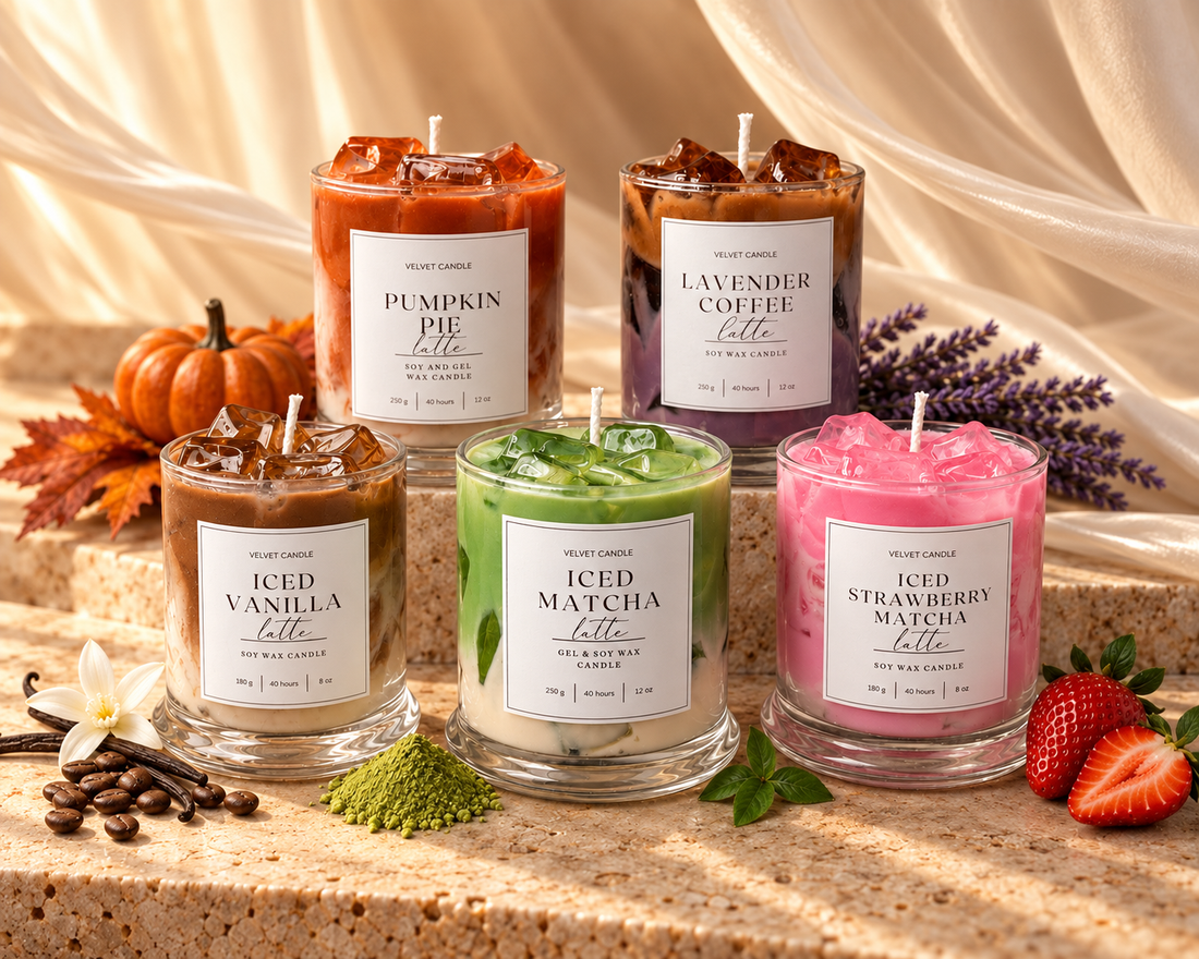 Example cafe-style candles for Velvet Candle Club; the subscription includes one curated candle per month
