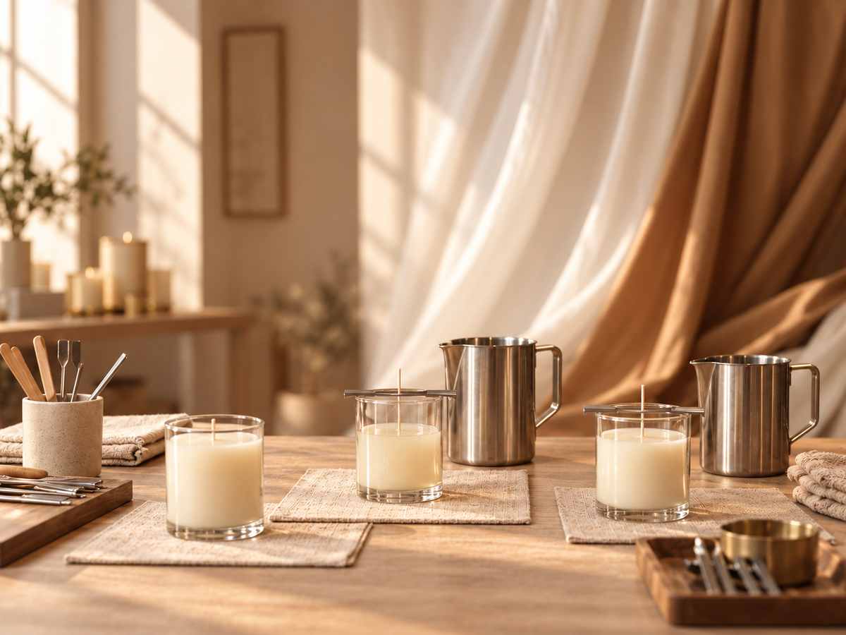 Candle-making workshop table with ivory candles, pouring pitchers and preparation materials