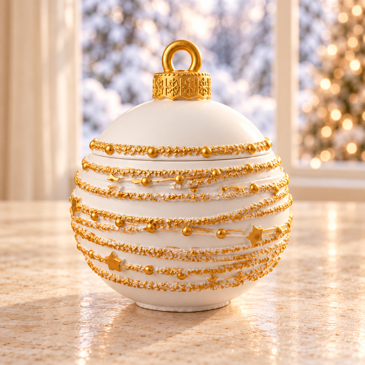 Styled mockup: Gold Star Garland Christmas Ornament Soy Candle with Lid with lid closed, matching Christmas collection framing