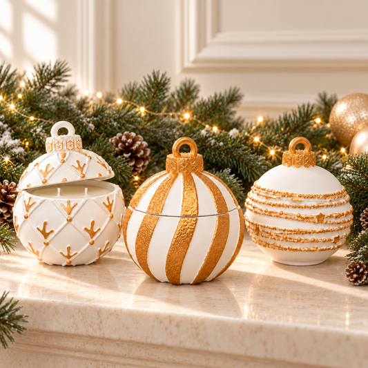 Set of 3 White & Gold Christmas Ornament Soy Candles with festive fir garland, pinecones and warm Christmas lights