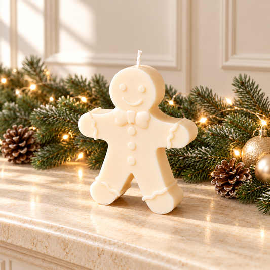 Gingerbread Man Soy Wax Candle with festive fir garland, pinecones and warm Christmas lights