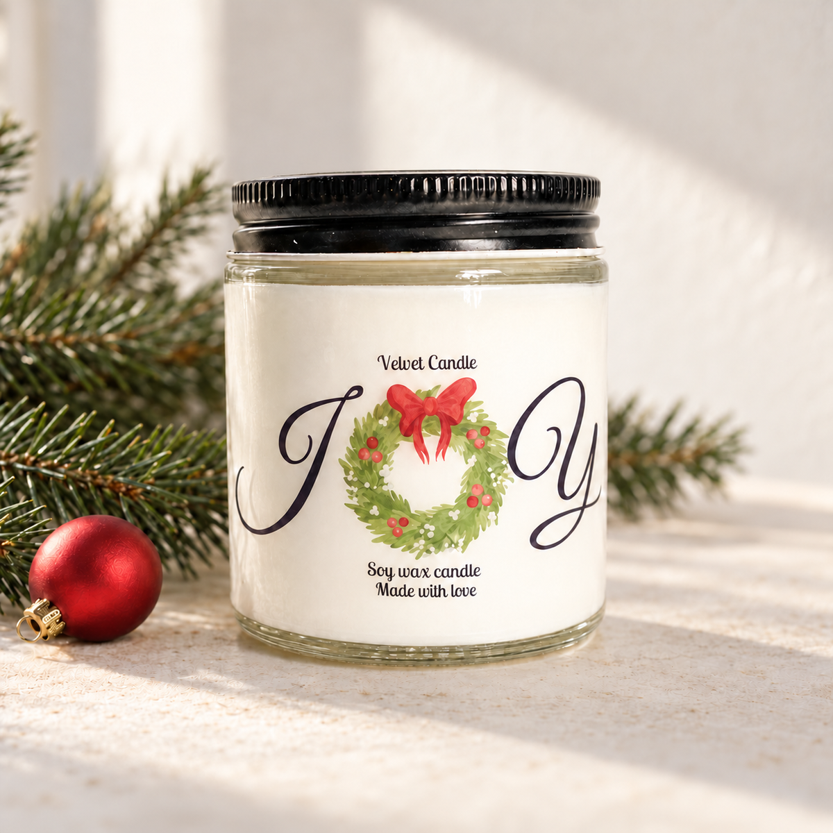 JOY Wreath Christmas Soy Candle — choose 4 oz or 8 oz and your scent