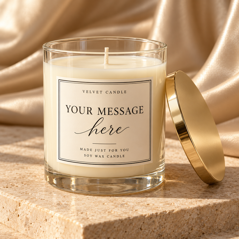 Custom-message soy candle design mockup with ivory Velvet label and gold lid