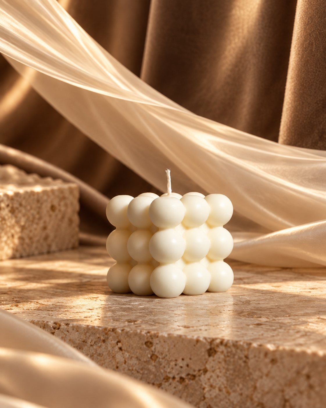 Ivory bubble cube candle formed from rows of rounded spheres