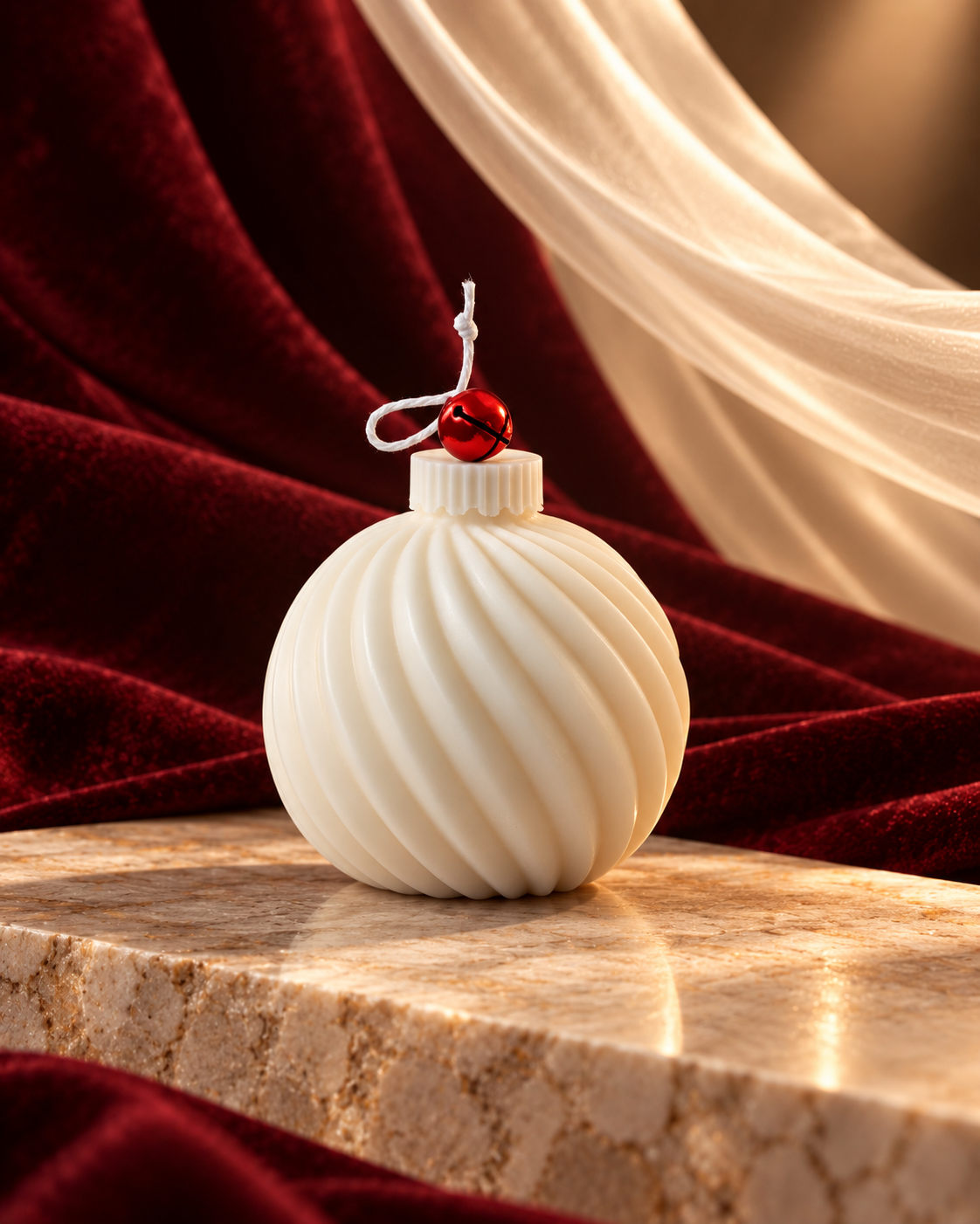 Round ivory Christmas ornament candle with curved spiral ridges and a red bell detail