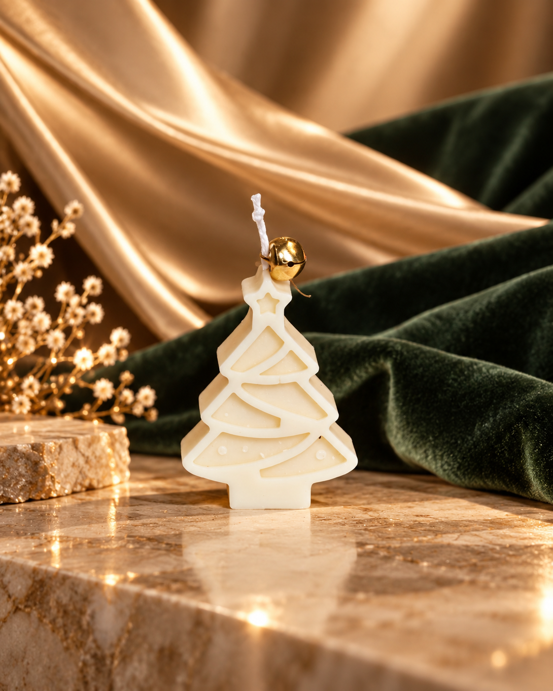 Small ivory Christmas tree candle with sculpted layered branches and a bell detail