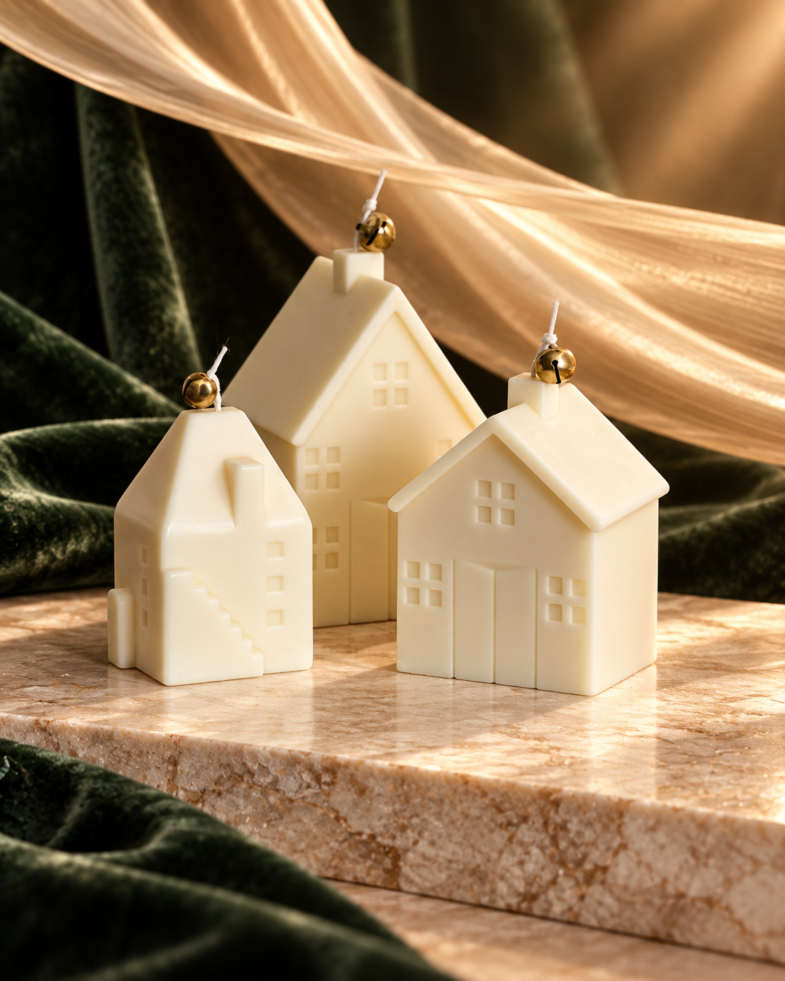 Three ivory house-shaped Christmas candles with pitched roofs and window details