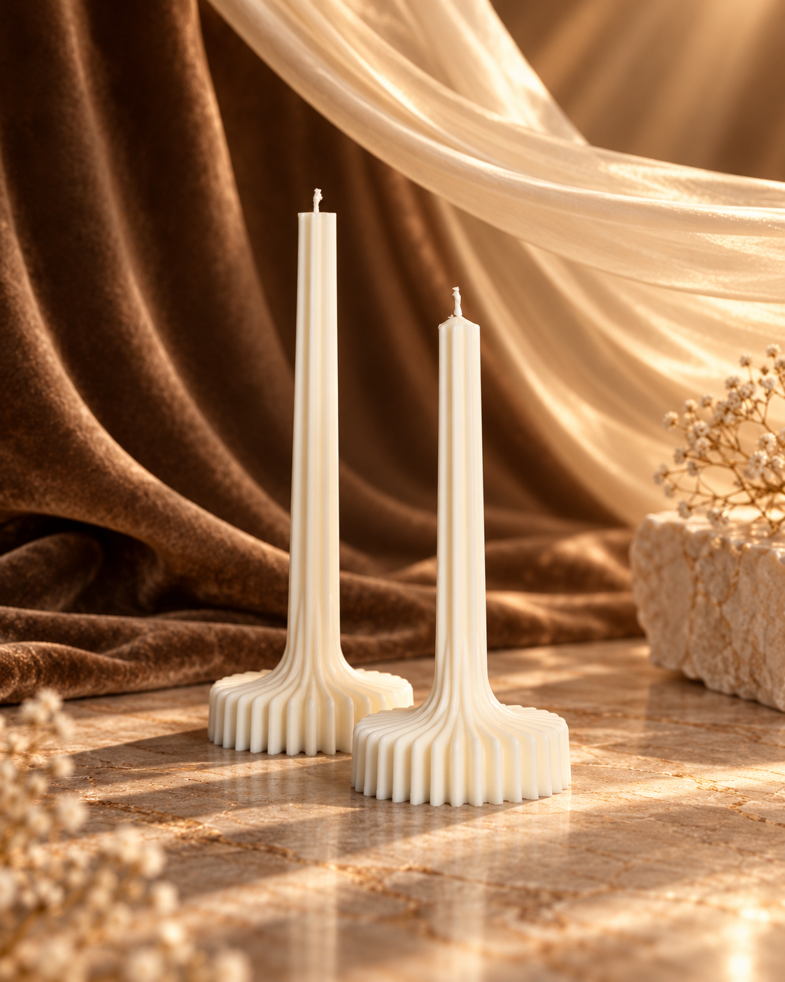 Two ivory table candles with ribbed stems and wide flat fluted bases