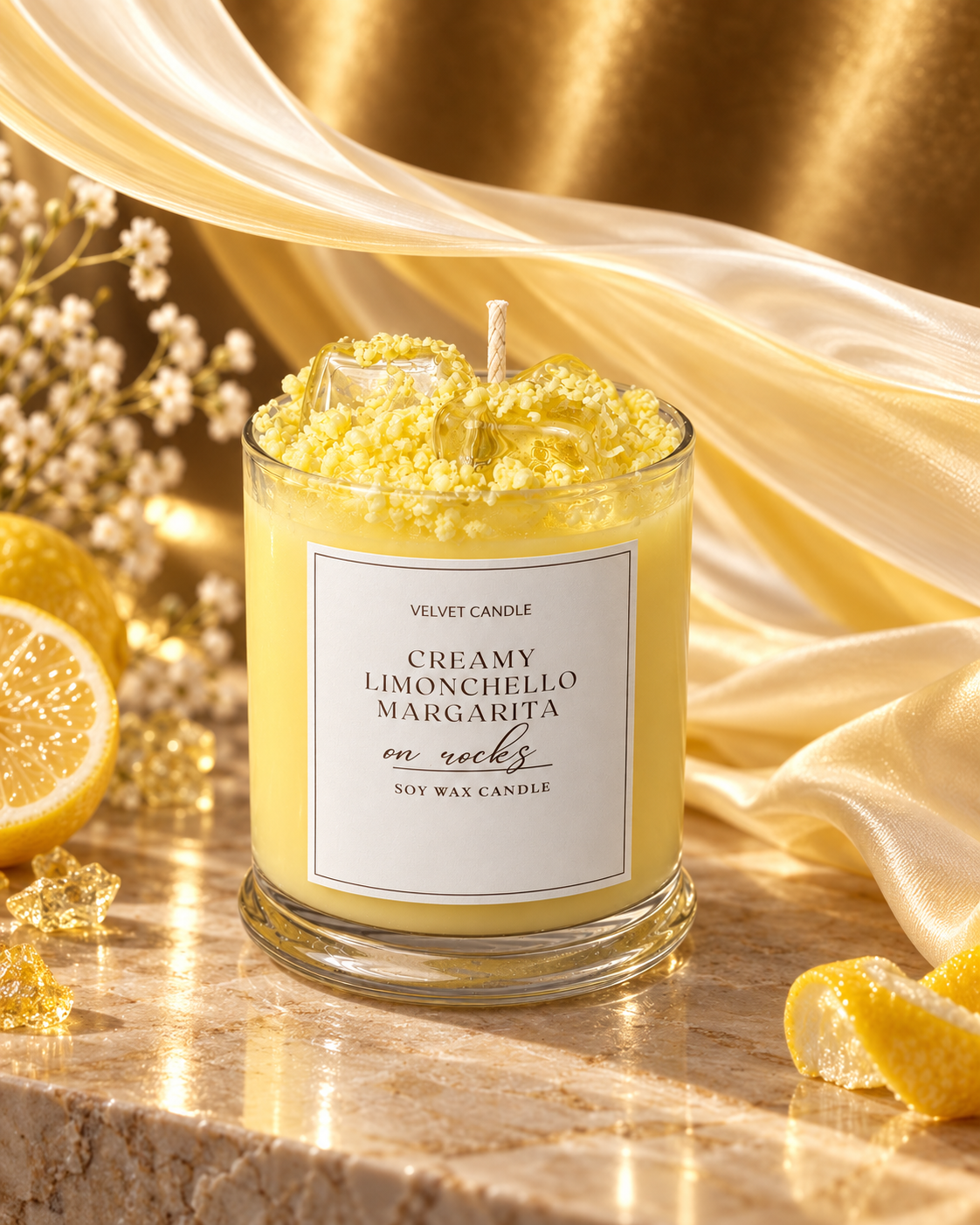 Creamy yellow Limoncello Margarita candle with translucent wax ice in a clear glass