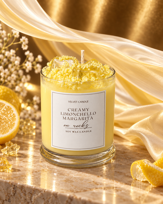 Creamy Limoncello Margarita Candle styled with flowing fabric and warm editorial lighting