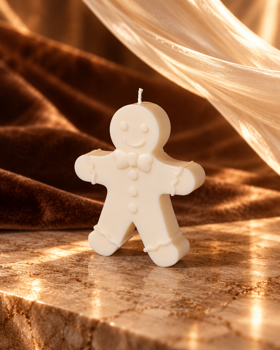Ivory gingerbread man candle with a smiling face, bow tie and buttons