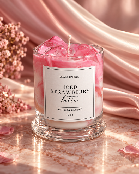 Pink Iced Strawberry Latte candle with translucent wax ice in a labeled clear glass