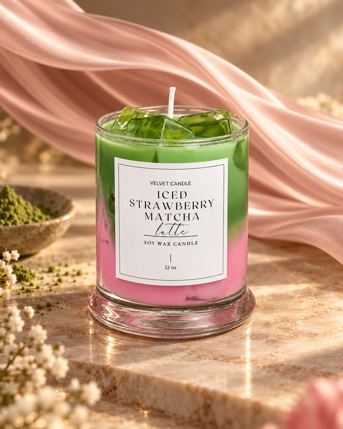 Iced Strawberry Matcha Latte candle with pink and green wax layers and translucent wax ice