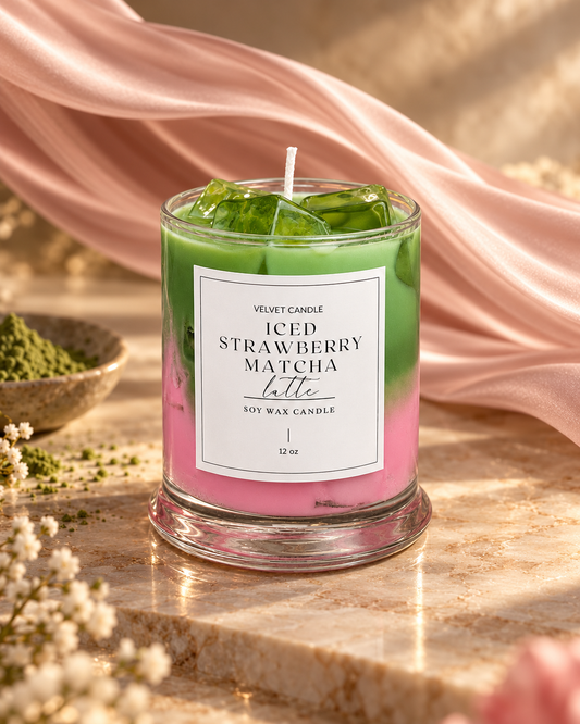 Iced Strawberry Matcha Latte candle styled with flowing blush silk and warm stone